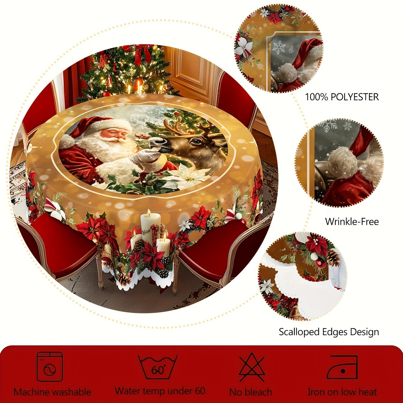 Christmas Round Tablecloth with Santa Claus – Festive Holiday Table Cover & Matching Table Flag