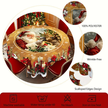 Christmas Round Tablecloth with Santa Claus – Festive Holiday Table Cover & Matching Table Flag