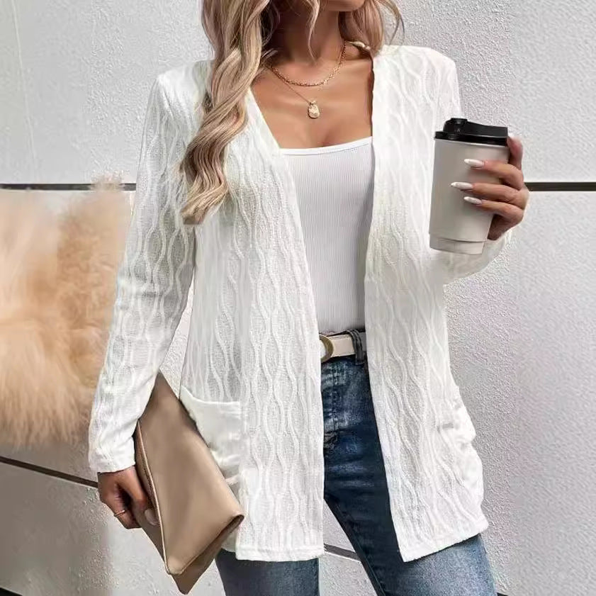 Hollow-Out Casual Knitted Long-Sleeve Cardigan – Stylish Commuter Sweater