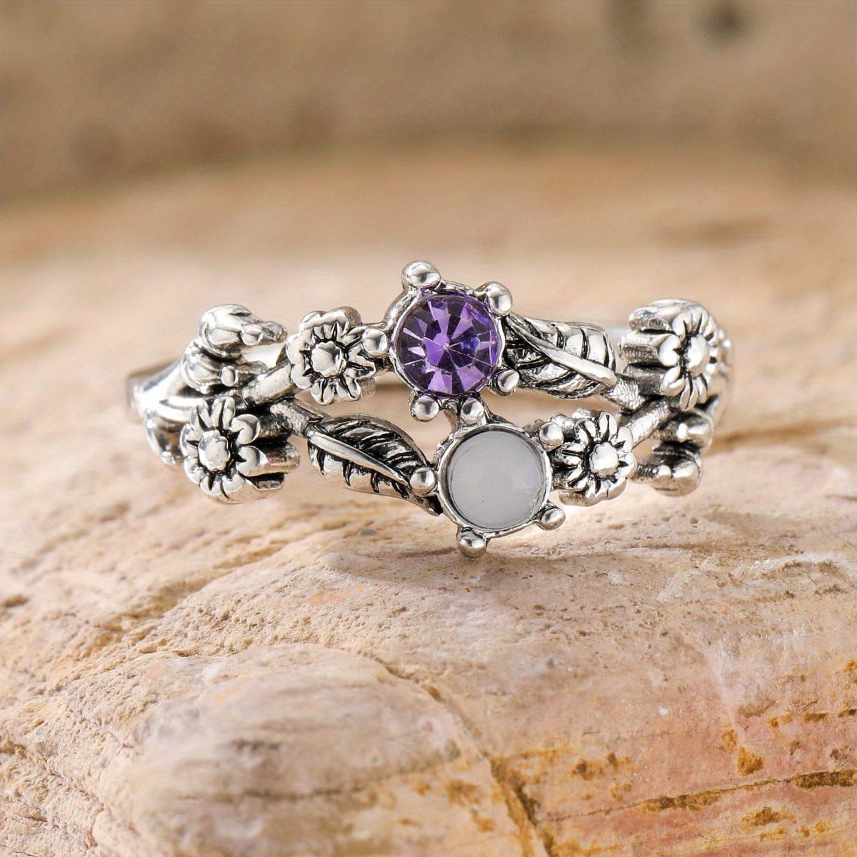 Royal Purple Blossom Gemstone Flower Ring for Women – Elegant Floral Crystal Jewelry