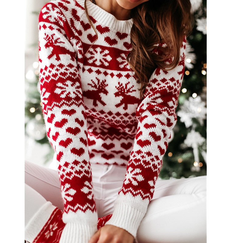 Women’s Christmas Elk & Snowflake Sweater – Cute Ugly Xmas Long Sleeve Knit Pullover | Soft Winter Jacquard Jumper