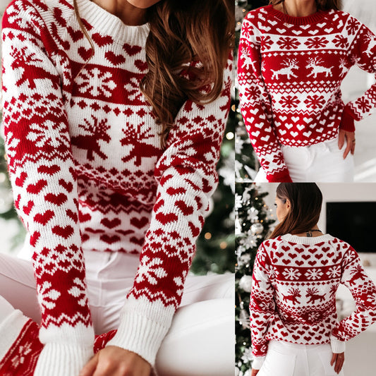 Women’s Christmas Elk & Snowflake Sweater – Cute Ugly Xmas Long Sleeve Knit Pullover | Soft Winter Jacquard Jumper