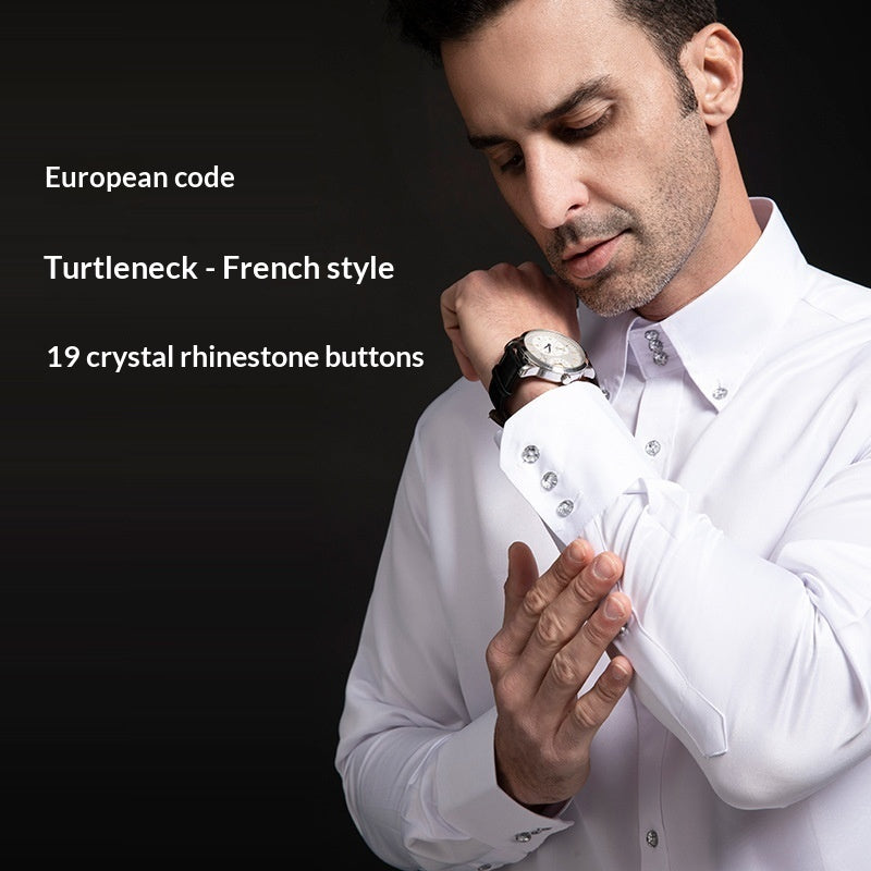 Spring/Autumn Men’s High-Neck Shirt with Crystal Button – Elegant Plain Slim Fit Top