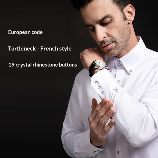 Spring/Autumn Men’s High-Neck Shirt with Crystal Button – Elegant Plain Slim Fit Top