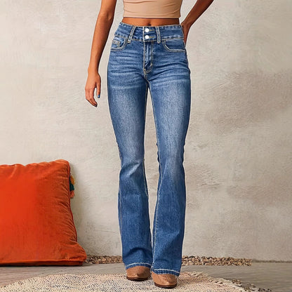 Women’s Skinny Flared Denim Jeans – High-Waist Slim Fit Pants with Pockets & Button Zipper