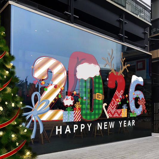 2026 New Year & Christmas Window Stickers – Festive Removable PVC Glass Decals for Home, Shop & Party Decoration