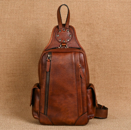 Vintage Genuine Leather Men’s Chest Bag – Compact Crossbody Sling for Everyday Carry