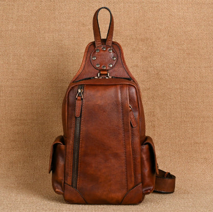 Vintage Genuine Leather Men’s Chest Bag – Compact Crossbody Sling for Everyday Carry