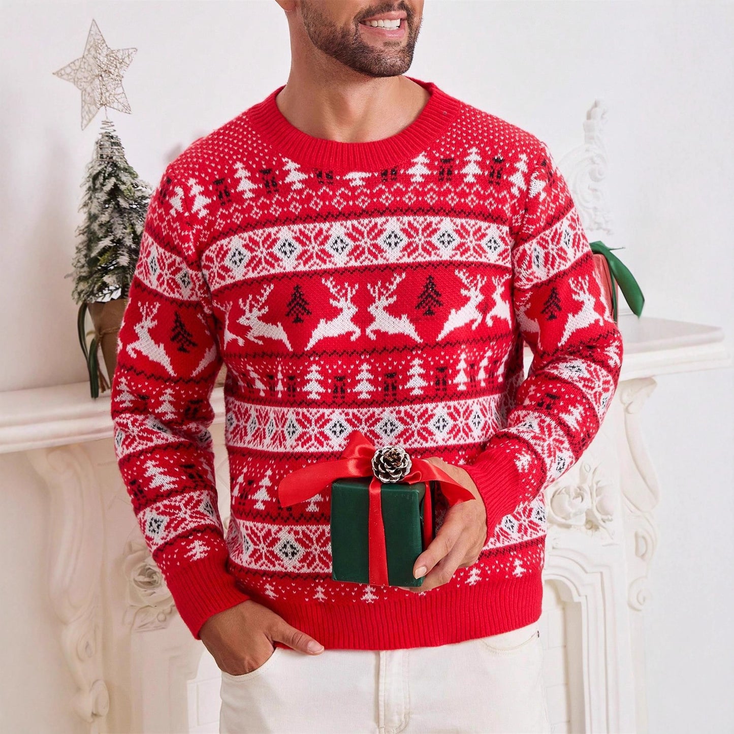 Men’s Christmas Jacquard Sweater – Round Neck Loose Fit Holiday Knitwear