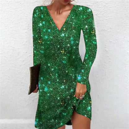 Elegant V-Neck Sparkly A-Line Midi Dress – Women’s Sequin Long-Sleeve Party & Evening Dress