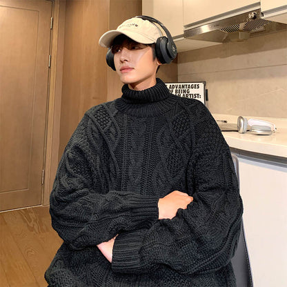 Japanese-Style Retro Green Jacquard Turtleneck Sweater – Cozy Vintage Knitwear for Men