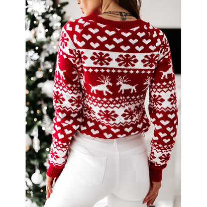 Women’s Christmas Elk & Snowflake Sweater – Cute Ugly Xmas Long Sleeve Knit Pullover | Soft Winter Jacquard Jumper