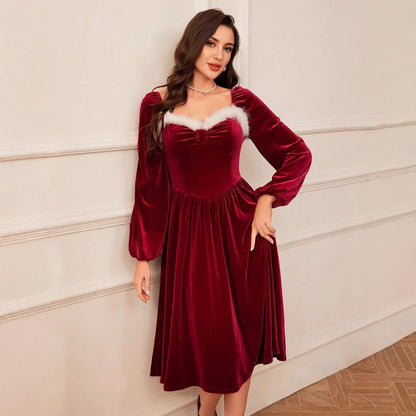 Women’s Vintage Velvet Christmas Party Dress – Long Sleeve Square Collar Slim Fit Holiday Dress