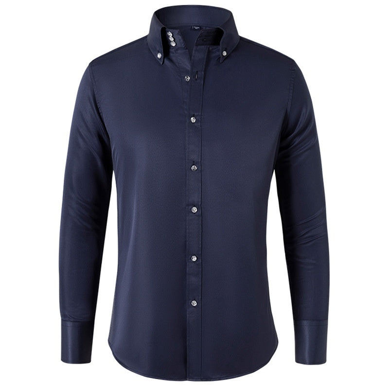 Spring/Autumn Men’s High-Neck Shirt with Crystal Button – Elegant Plain Slim Fit Top