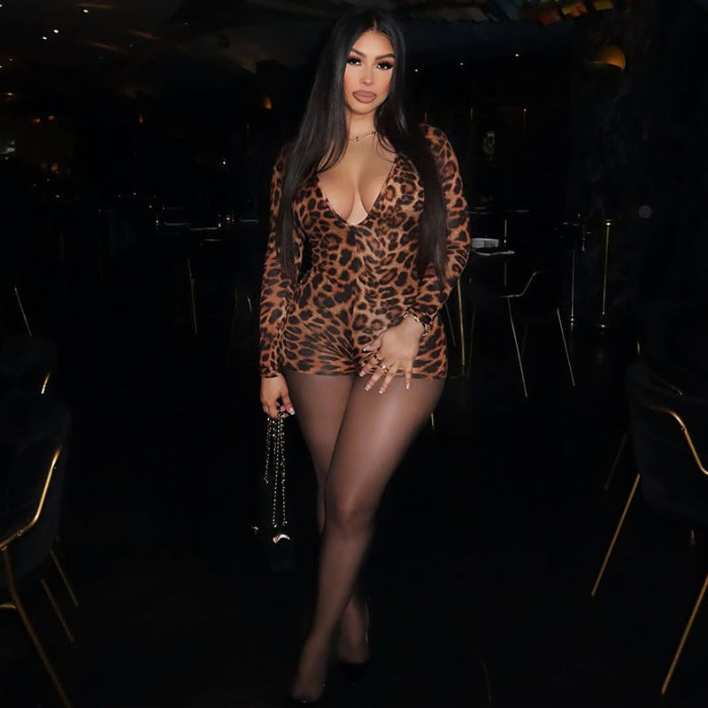 Sexy Leopard Print V-Neck Long Sleeve Tight Jumpsuit – Form-Fitting Bodysuit