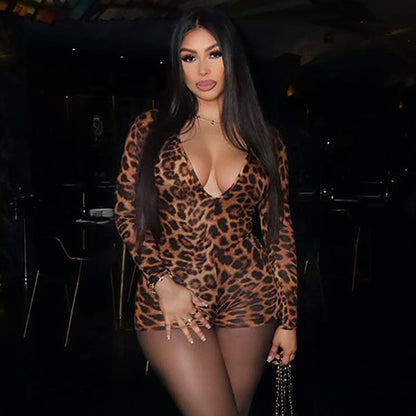 Sexy Leopard Print V-Neck Long Sleeve Tight Jumpsuit – Form-Fitting Bodysuit