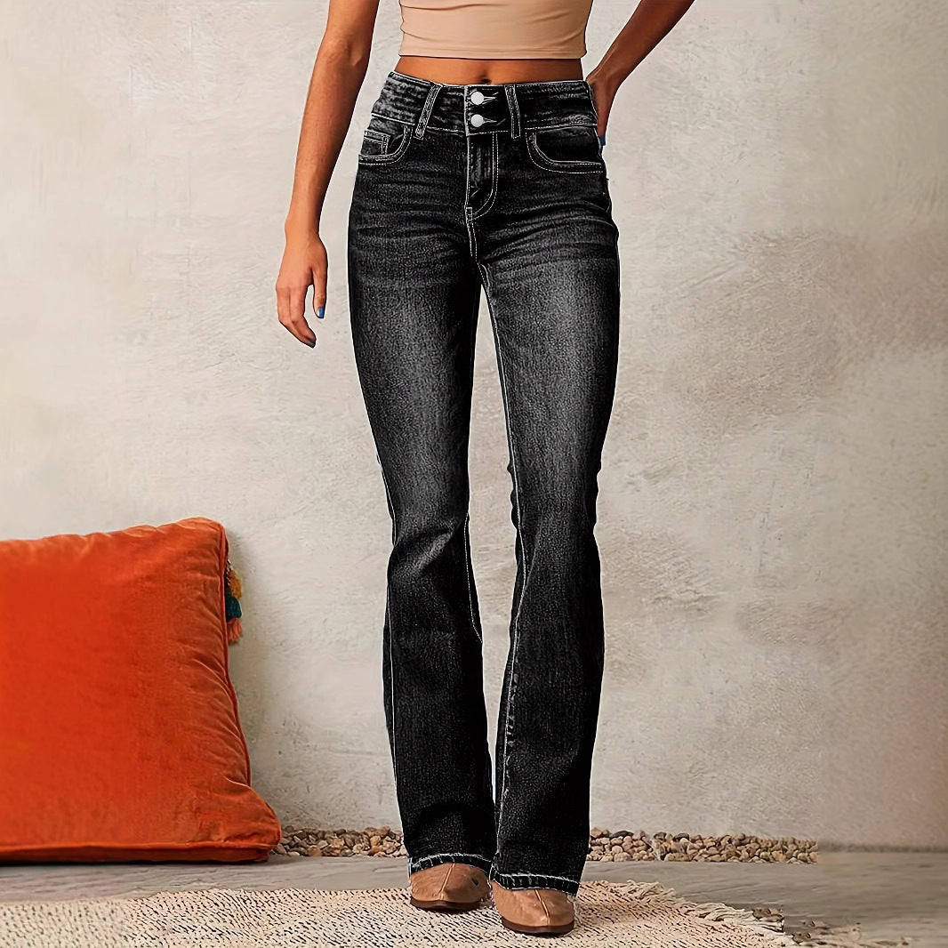 Women’s Skinny Flared Denim Jeans – High-Waist Slim Fit Pants with Pockets & Button Zipper