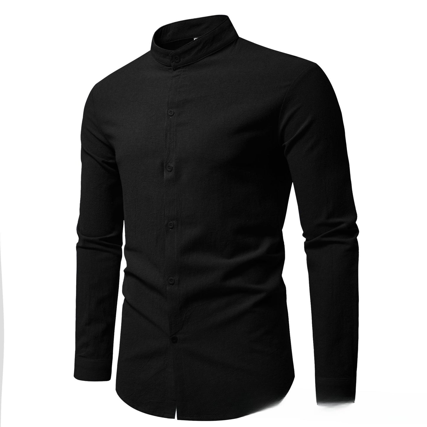 Men’s Stand-Up Collar Cotton Cardigan Shirt – Solid Color Casual Long Sleeve Top