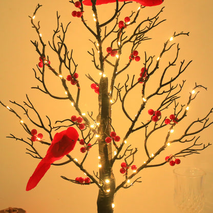 Mini Birch LED Christmas Tree with Cardinals – Holiday Table Decor