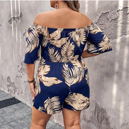 European And American-style Off-shoulder Plant-printed Waist-cinching Jumpsuit With Shorts