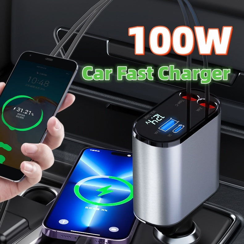 TurboCharge 100W Metal Car Charger – Super Fast USB & Type-C Cigarette Lighter Adapter