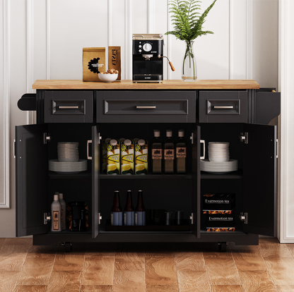 K&K 54inch Large Kitchen Island With Rubber Wood Drop Leaf, Embossed Texture Rolling Kitchen Cart On 4 Wheels With 4 Doors And 3 Drawers, Kitchen Island With Storage For Kitchen, Dining Room,Black