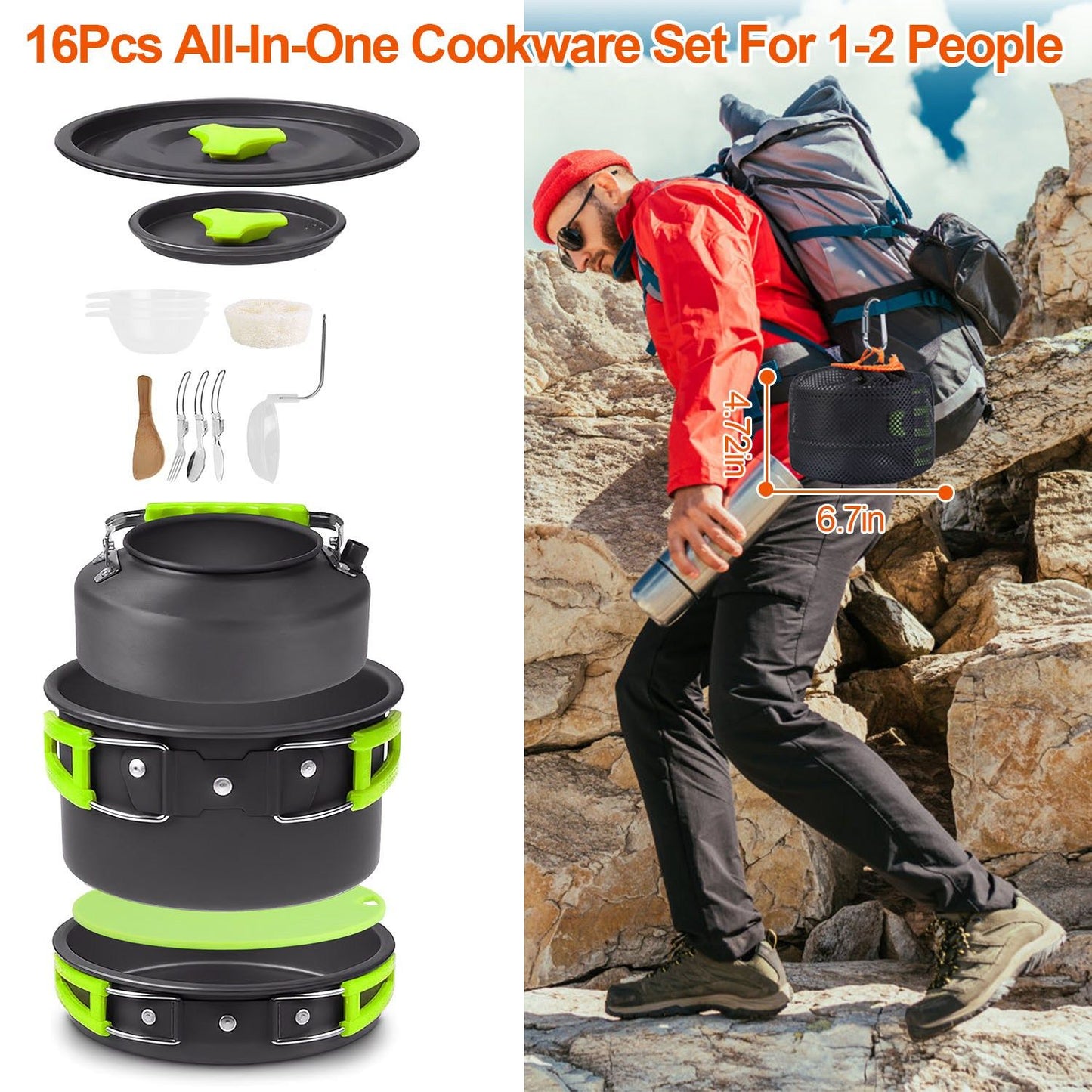 16PCS Camping Cookware Set – Portable Aluminum Pot, Pan & Stove Kit (Pan-European Shipping)