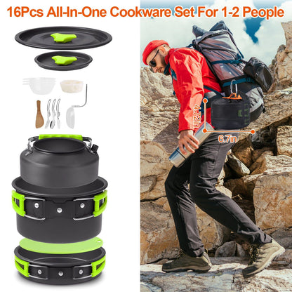 16PCS Camping Cookware Set – Portable Aluminum Pot, Pan & Stove Kit (Pan-European Shipping)