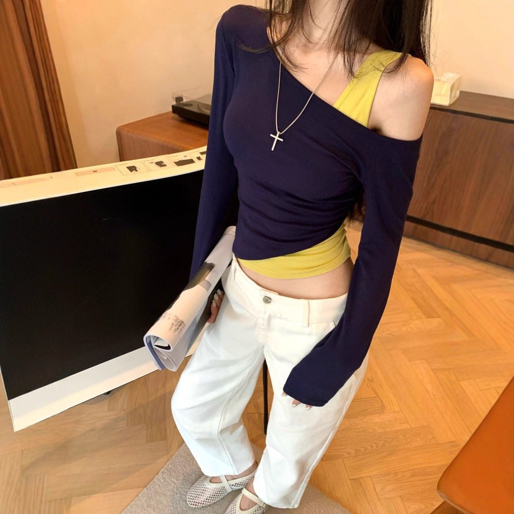 Women’s Autumn Slim Fit Fake Two-Piece Short Top – Stylish Layered Design