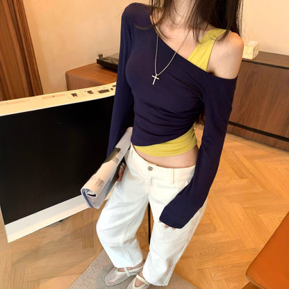 Women’s Autumn Slim Fit Fake Two-Piece Short Top – Stylish Layered Design