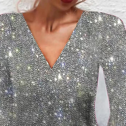 Elegant V-Neck Sparkly A-Line Midi Dress – Women’s Sequin Long-Sleeve Party & Evening Dress
