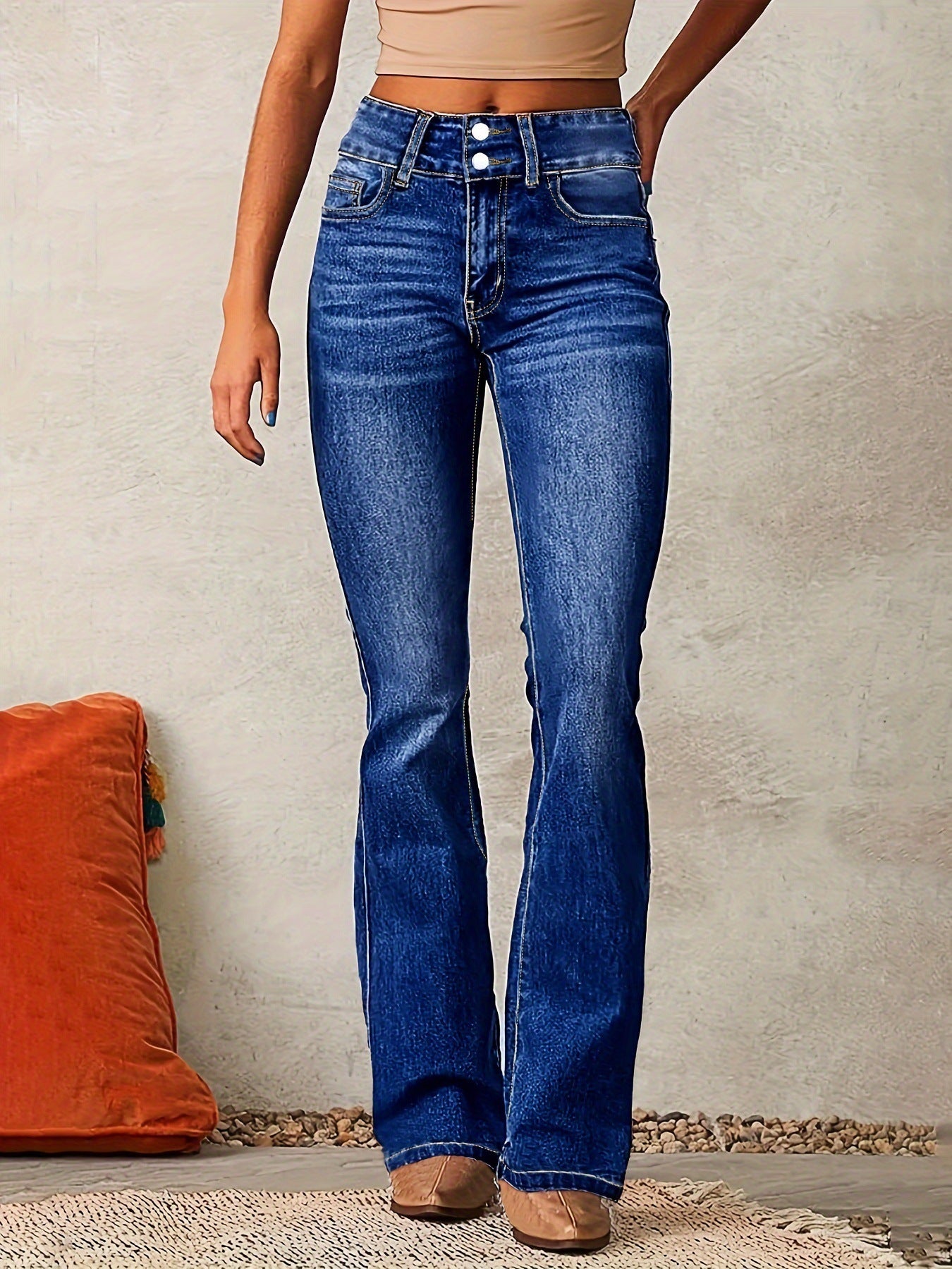 Women’s Skinny Flared Denim Jeans – High-Waist Slim Fit Pants with Pockets & Button Zipper