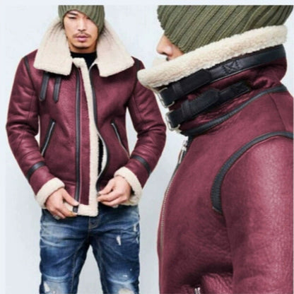 Men’s Warm Leather Flight Jacket – Classic Casual Winter Bomber Coat