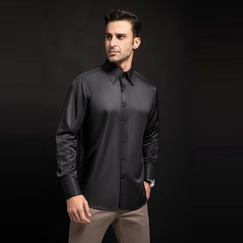 Spring/Autumn Men’s High-Neck Shirt with Crystal Button – Elegant Plain Slim Fit Top