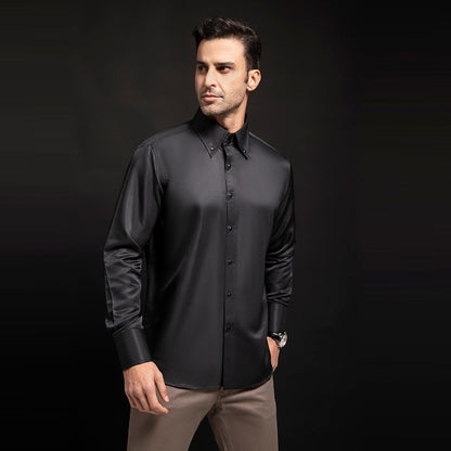 Spring/Autumn Men’s High-Neck Shirt with Crystal Button – Elegant Plain Slim Fit Top