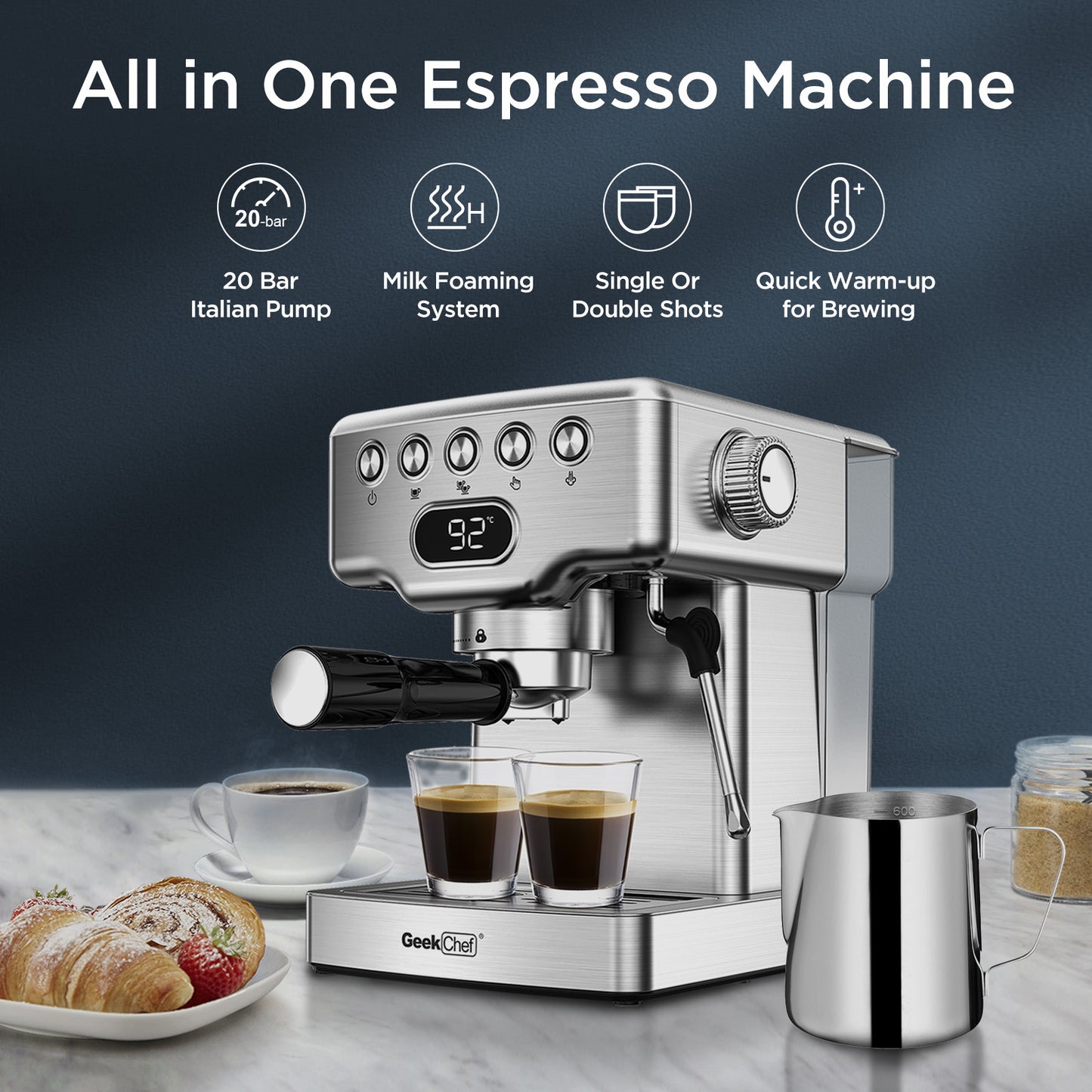 Geek Chef 20-Bar Espresso Machine – Professional Home Coffee Maker with Milk Frother, 1.8L Water Tank & Stainless Steel Design