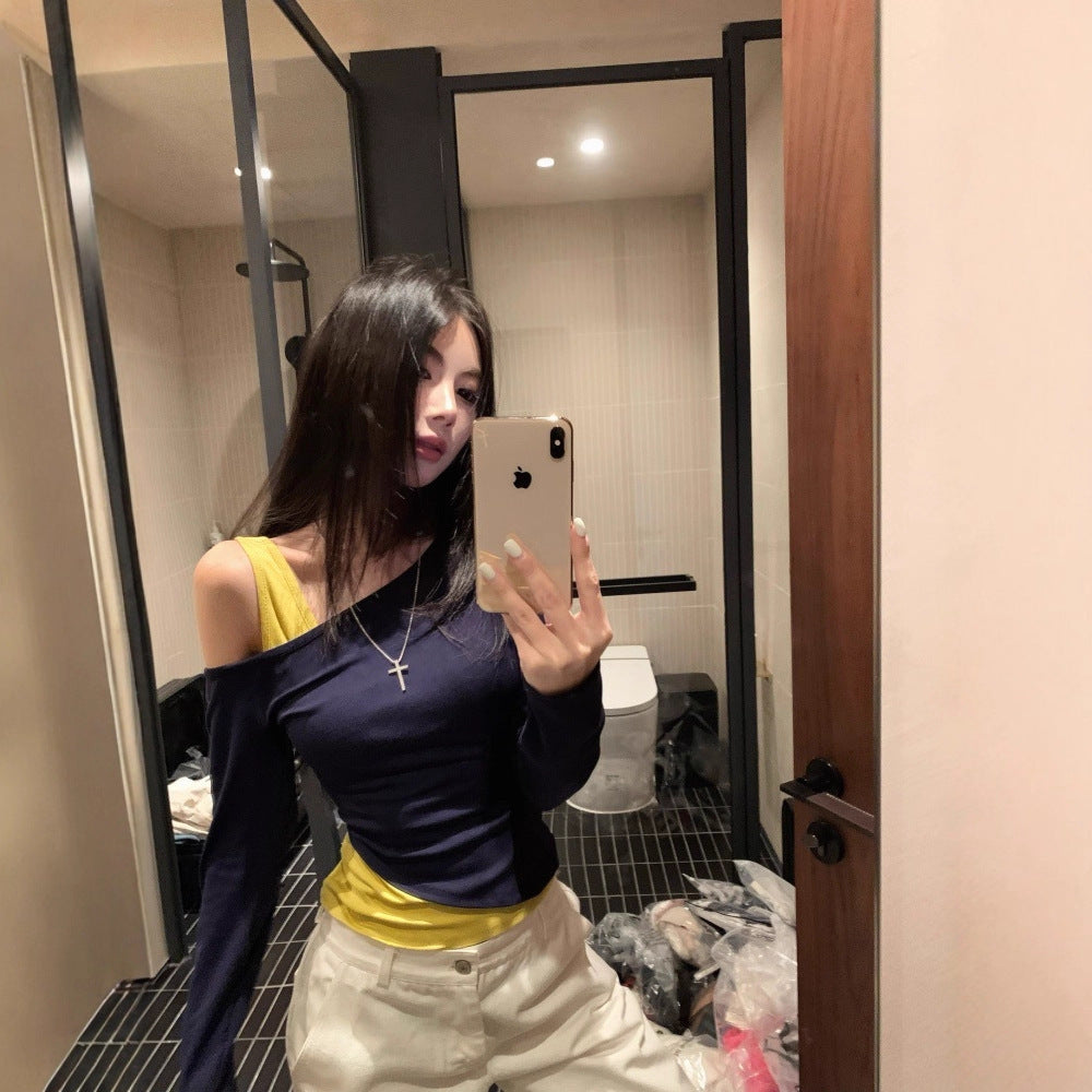 Women’s Autumn Slim Fit Fake Two-Piece Short Top – Stylish Layered Design