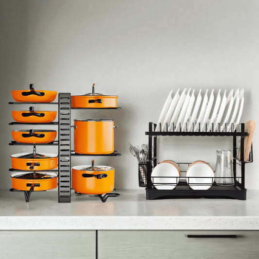 Upgraded 8-Tier Cookware Organizer Rack Set – 2-in-1 Pot, Pan & Dish Drying Rack for Neat, Space-Saving Kitchen Storage