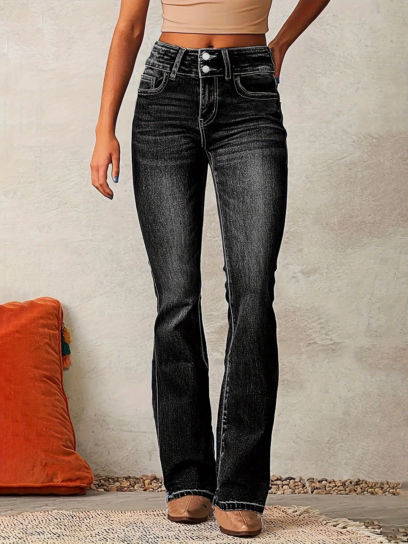 Women’s Skinny Flared Denim Jeans – High-Waist Slim Fit Pants with Pockets & Button Zipper