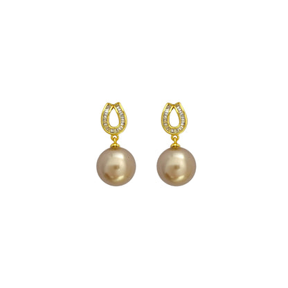 Elegant Geometric Champagne Pearl Earrings – Modern Luxury Drop Jewelry for Women