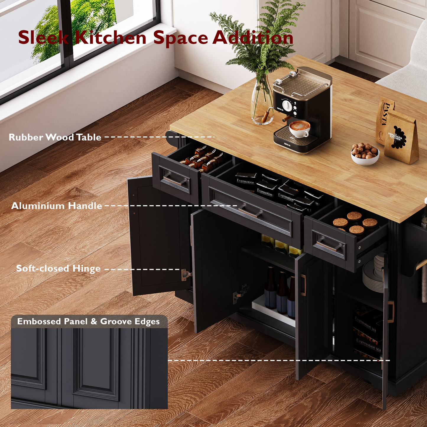 K&K 54inch Large Kitchen Island With Rubber Wood Drop Leaf, Embossed Texture Rolling Kitchen Cart On 4 Wheels With 4 Doors And 3 Drawers, Kitchen Island With Storage For Kitchen, Dining Room,Black