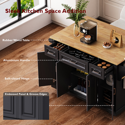 K&K 54inch Large Kitchen Island With Rubber Wood Drop Leaf, Embossed Texture Rolling Kitchen Cart On 4 Wheels With 4 Doors And 3 Drawers, Kitchen Island With Storage For Kitchen, Dining Room,Black