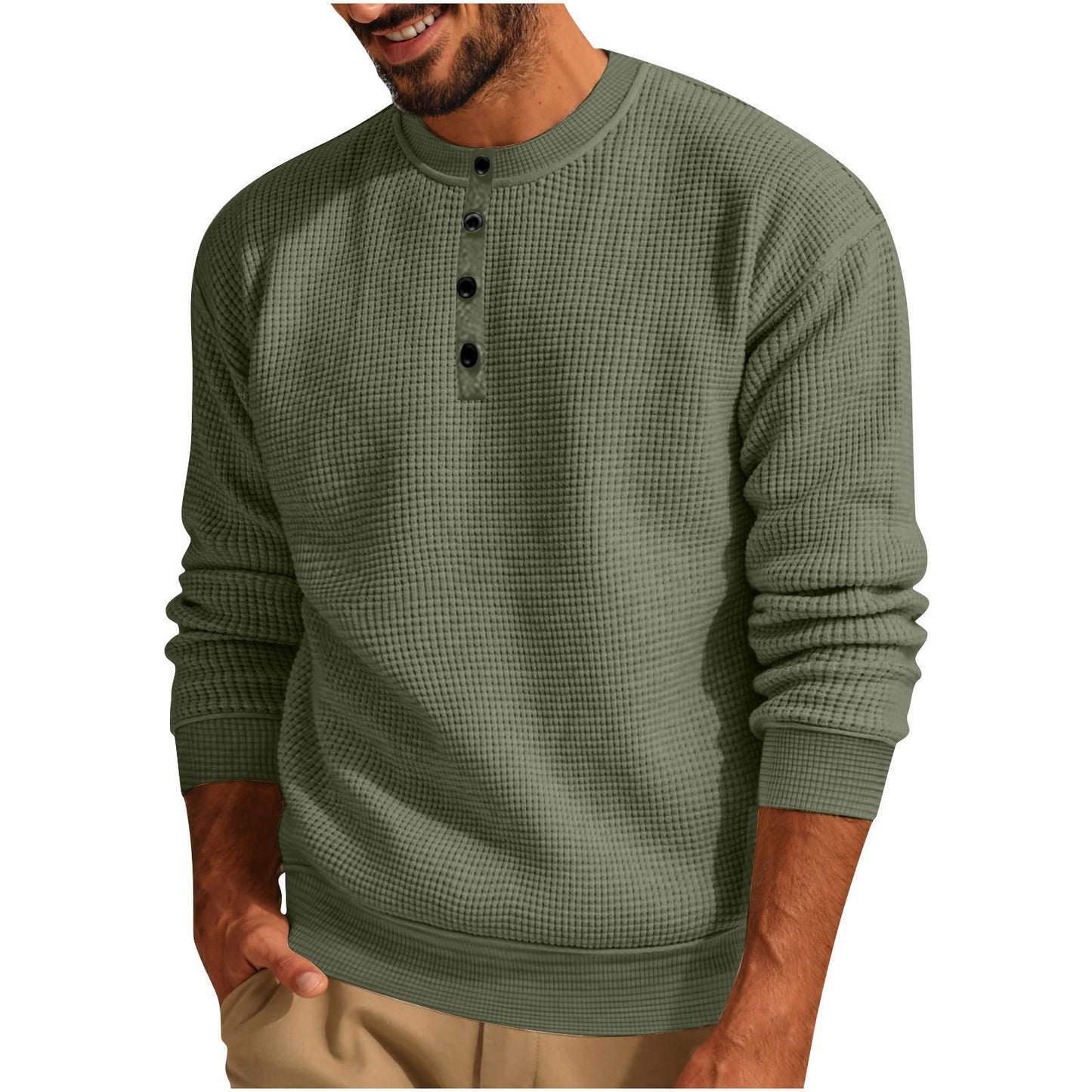 Men’s Solid Color Loose Waffle Henley Shirt – Casual Round Neck Long Sleeve Top