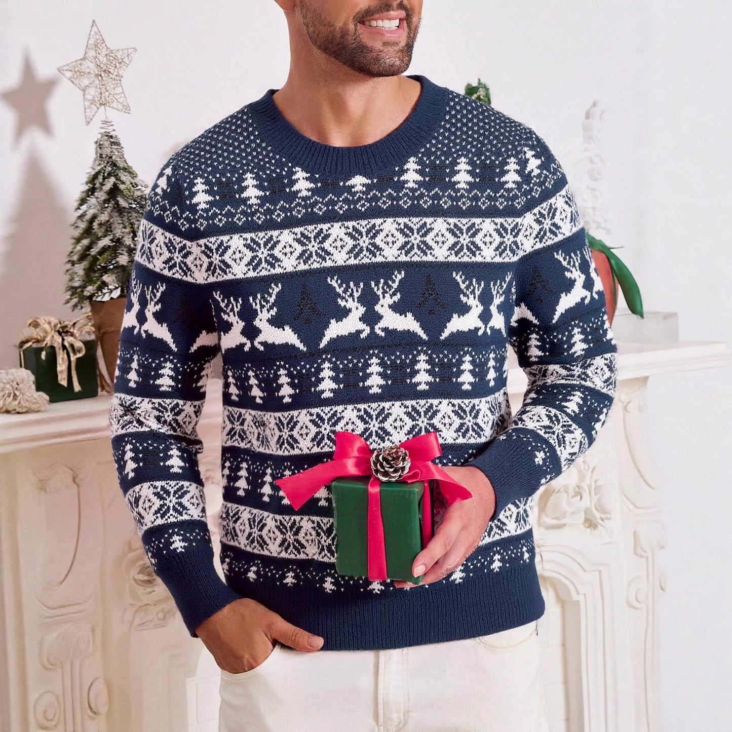 Men’s Christmas Jacquard Sweater – Round Neck Loose Fit Holiday Knitwear