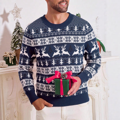 Men’s Christmas Jacquard Sweater – Round Neck Loose Fit Holiday Knitwear