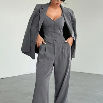 Women’s 3-Piece Solid Color Lapel Top Set – Front-Buttoned Long-Sleeve with Pockets