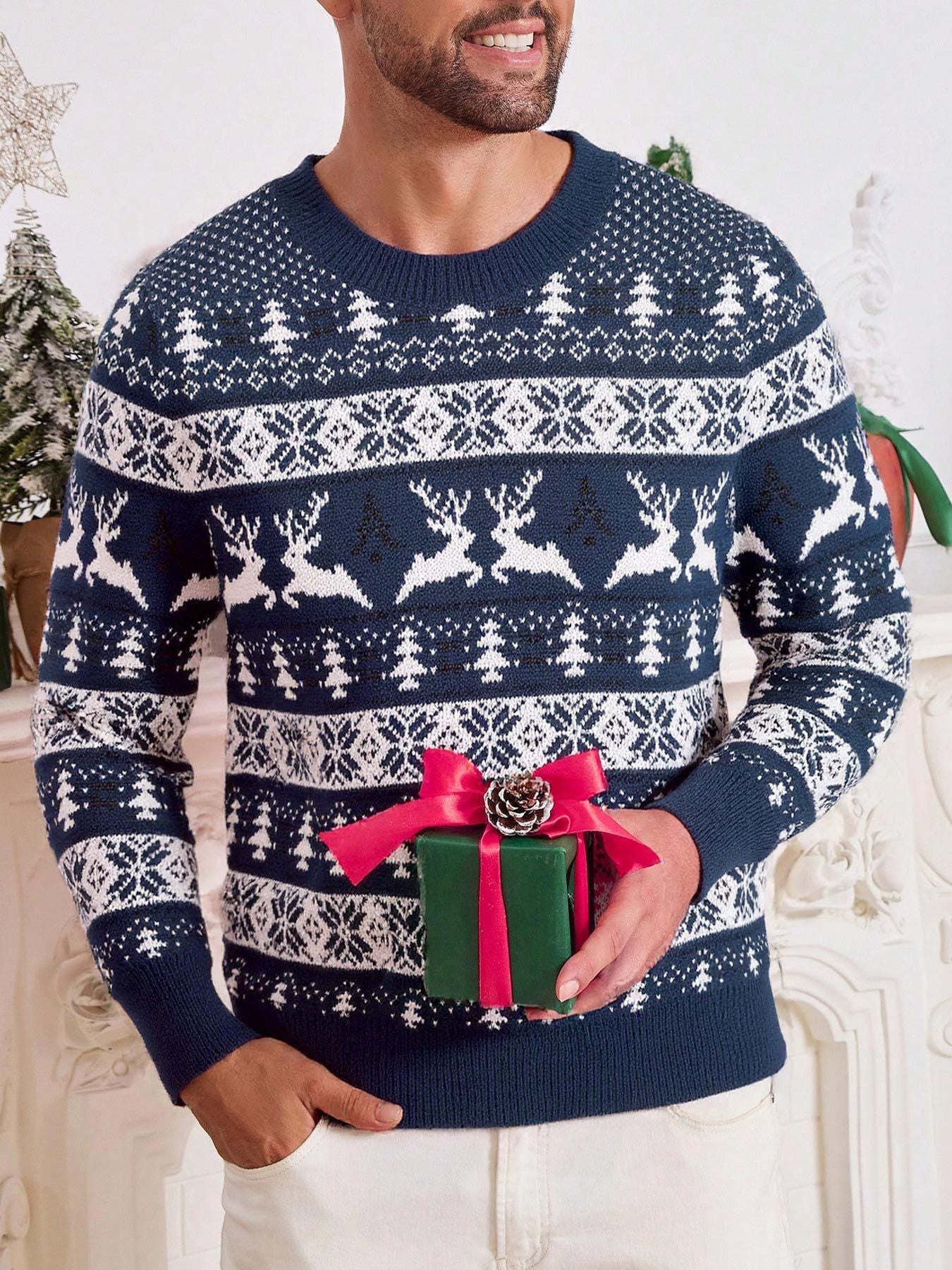 Men’s Christmas Jacquard Sweater – Round Neck Loose Fit Holiday Knitwear