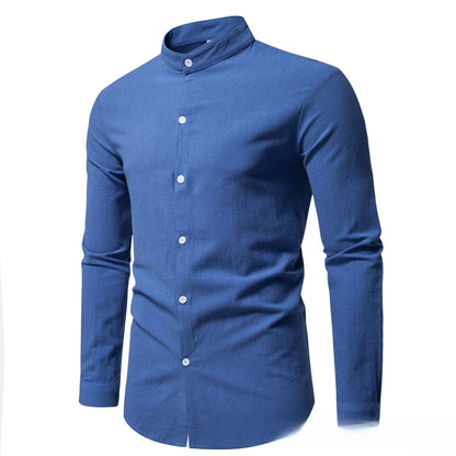 Men’s Stand-Up Collar Cotton Cardigan Shirt – Solid Color Casual Long Sleeve Top