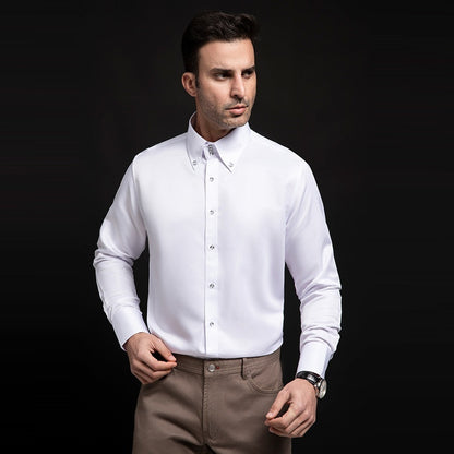 Spring/Autumn Men’s High-Neck Shirt with Crystal Button – Elegant Plain Slim Fit Top