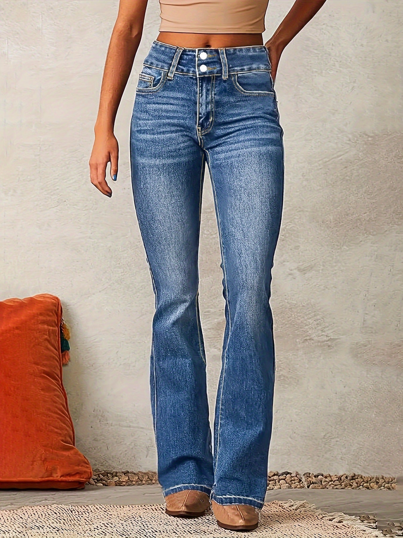 Women’s Skinny Flared Denim Jeans – High-Waist Slim Fit Pants with Pockets & Button Zipper